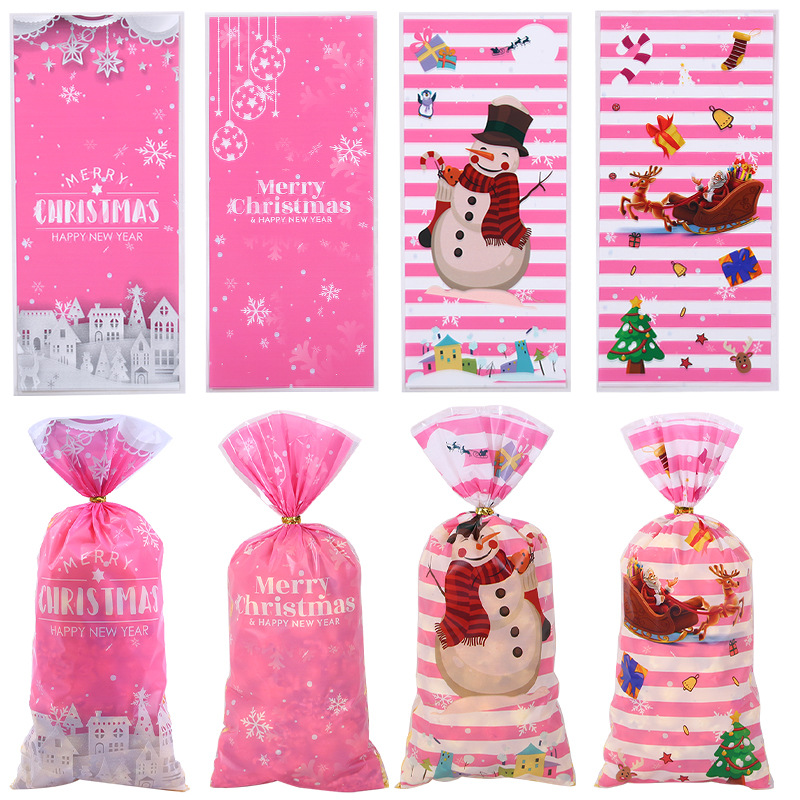 跨境热销粉色圣诞系列OPP袋可爱雪人印花糖果自扎带派对糖果礼袋