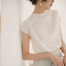 白色仿真丝短袖上衣女设计感小众轻熟法式高级感复古气质衬衫欧货