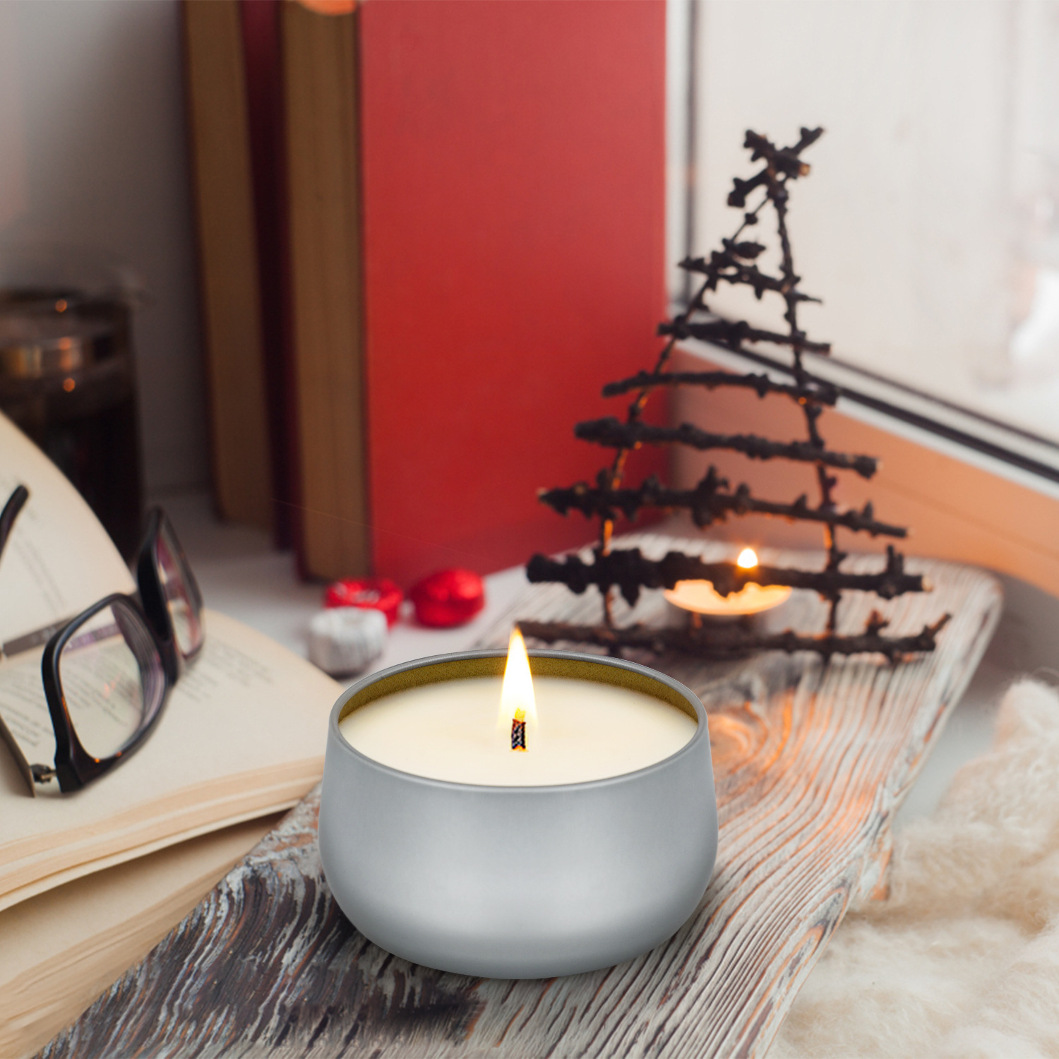 跨境电商海外仓专供大豆蜡香薰蜡烛礼盒灰色大肚罐肉桂苹果一件套-阿