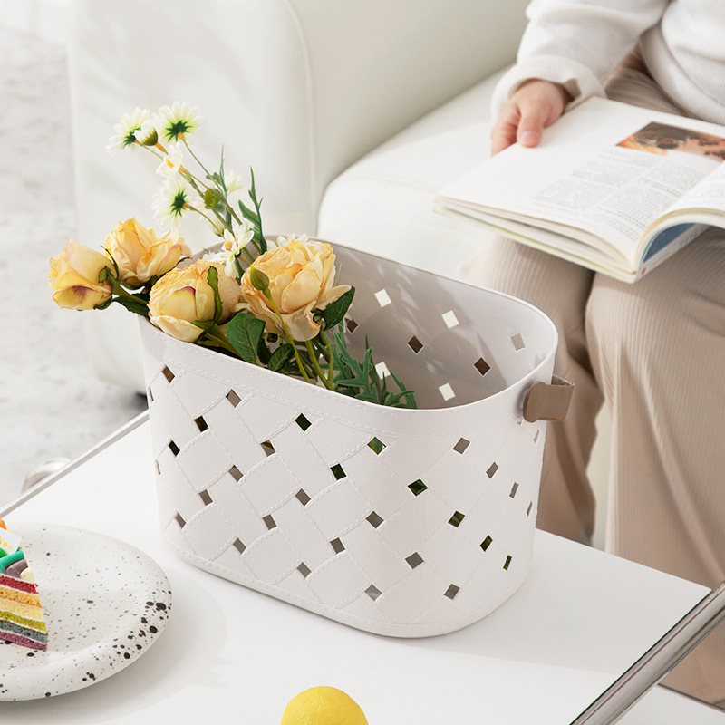 M57 Bathroom Bath Basket Fashion Simple Hollow Storage Basket Cosmetics Storage Basket Imitation Leather Pattern Basket Wholesale