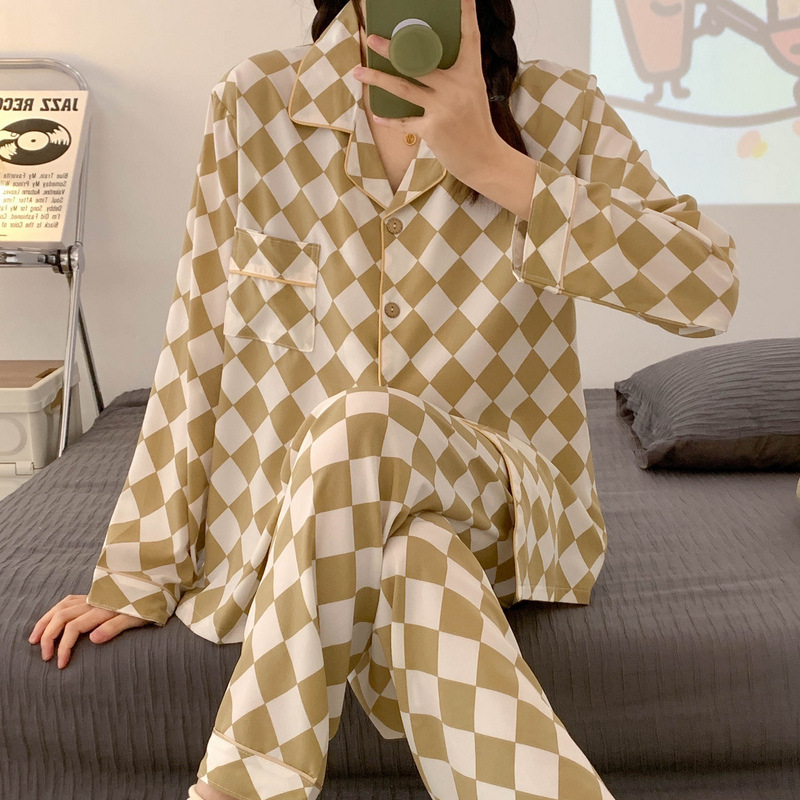 New Ice Silk Pajamas for Women plus Size Loose Apricot Diamond Lattice Autumn and Winter Long Sleeve Cardigan Homewear Suitable for Daily Wear Suit