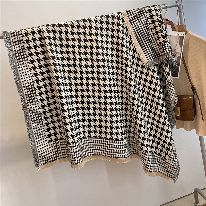 Houndstooth Scarf for Women Winter 2022 New Four-Side Scarf Artificial Cashmere Scarf Wholesale Factory Thickened Shawl Scarf