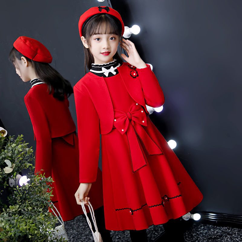 女童春秋连衣裙2024新款红色毛呢儿童公主裙时髦洋气套装女宝秋装