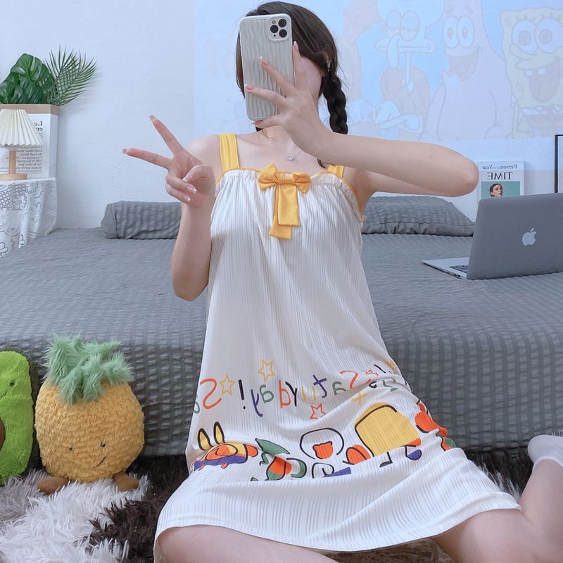 2023 New Suspender Pajamas Women's Summer Thin Korean-Style Cute Cartoon Sexy Nightdress Mid-Length Homewear Mid-Length Dress