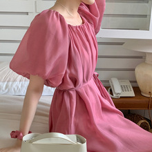 实拍韩国夏季法式优雅甜美轻柔感~泡泡袖一字肩系带褶皱连衣裙潮