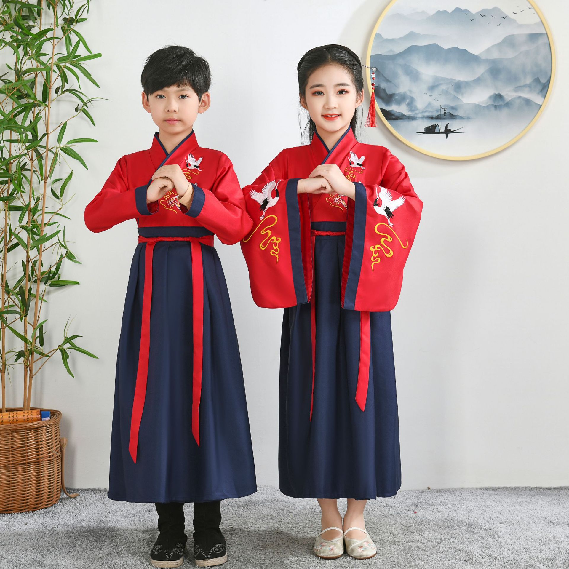 舞台服男童汉服中国风小学生男女套装开领武侠古装演出服摄影服饰