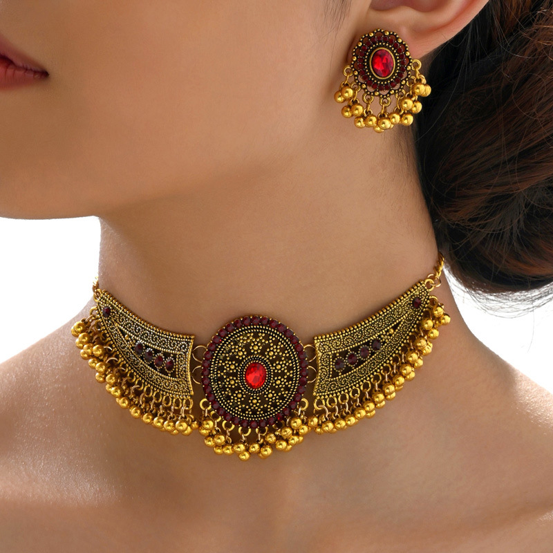 Jewelry Southeast Asia Popular Indian Ethnic Style Vintage Gem Beads Jewelry 2-Piece Set Earrings Necklace