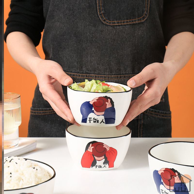 网红干饭人卡通可爱情侣学生上班陶瓷沙拉泡面汤大碗勺筷餐具套装