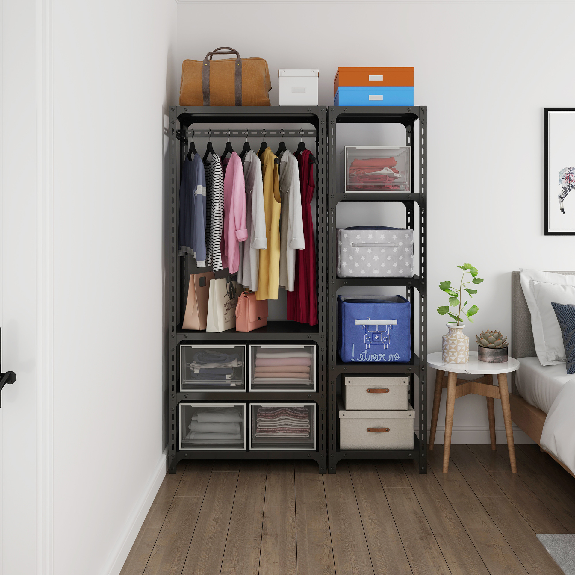 兴旺简易衣柜衣服收纳整理货架置物架组装开放式结合衣帽间晾衣架