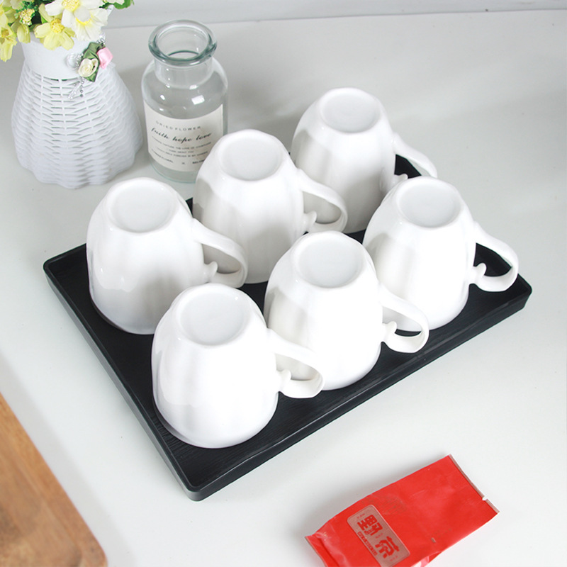 家用纯白陶瓷茶杯马克杯子宾馆酒店办公室招待水杯套装6杯带茶盘