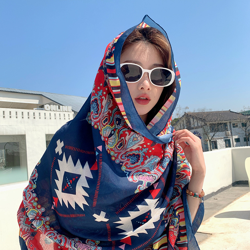 Summer Thin Holiday Ethnic Style Scarf Female Yunnan Travel Sun Protection Baotou Silk Scarf Shawl Beach Scarf