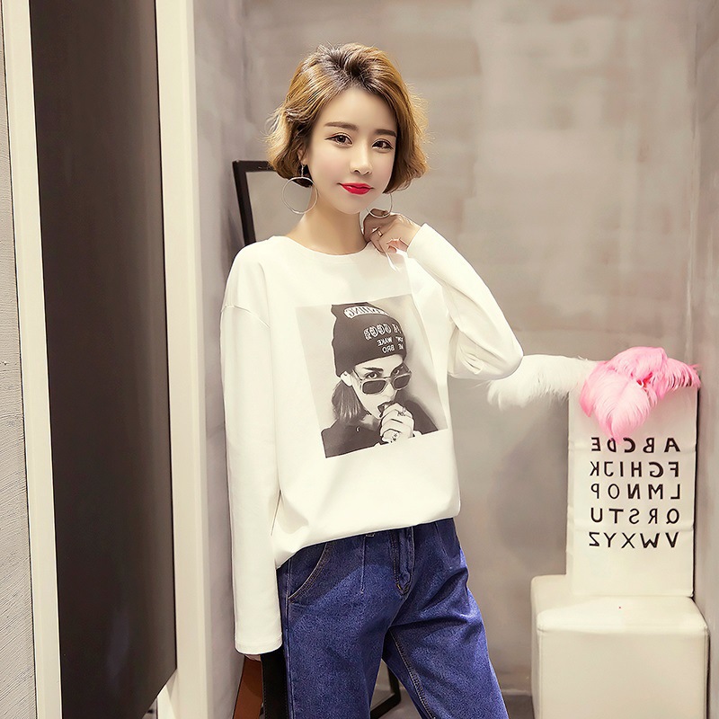 白色春装打底衫衫圆领上衣体恤潮独立站ebay字母印花头像图案圆领长袖