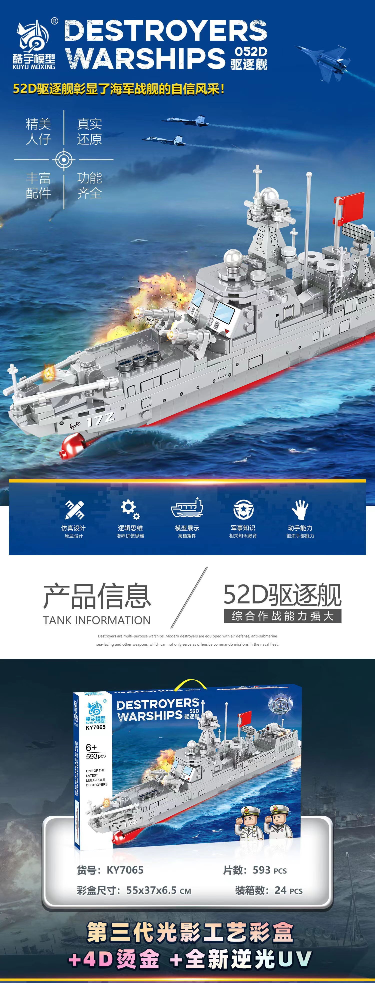 酷宇ky7065积木052d驱逐舰模型益智拼装玩具批发(量大可询价)