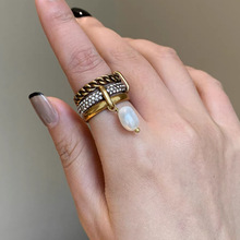 D家迪家镶钻JA字母珍珠三合一戒指女高级欧美复古多层指环代发