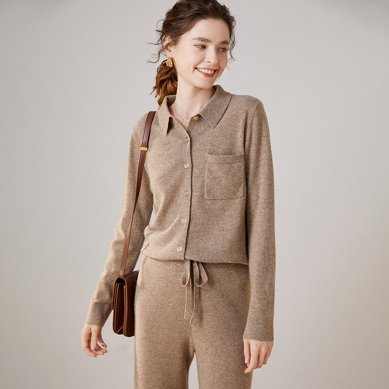 24秋装新款唯美气质polo翻领口袋羊绒针织开衫女衬衫上衣毛衣外套