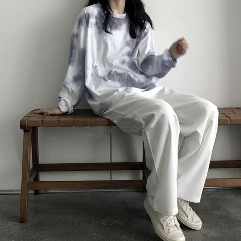 欧美风跨境日韩扎染长袖女上衣薄款ins古着个性宽松打底衫t恤潮