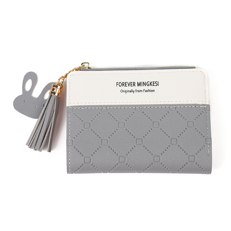 New Small Wallet Women's Short Zipper Wallet Student Korean Style Embossed Contrast Color Tassel Wild Coin Purse Card Holder