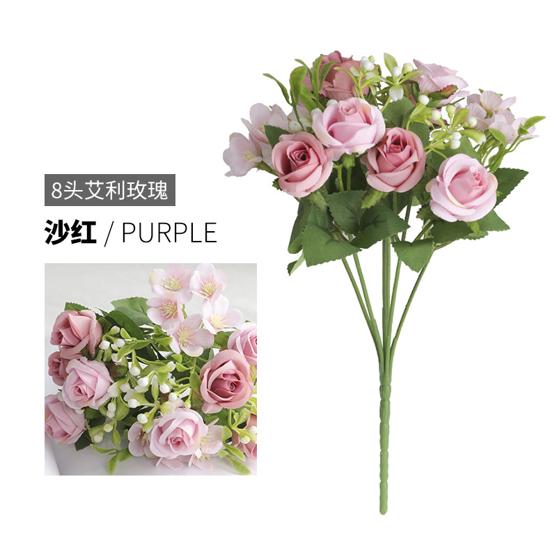 Live Studio Hot Sale Simulation Spring Color Small Handle Beam Fake Rose Flower Studio Photography Props Simulation 8-Head Aili Rose
