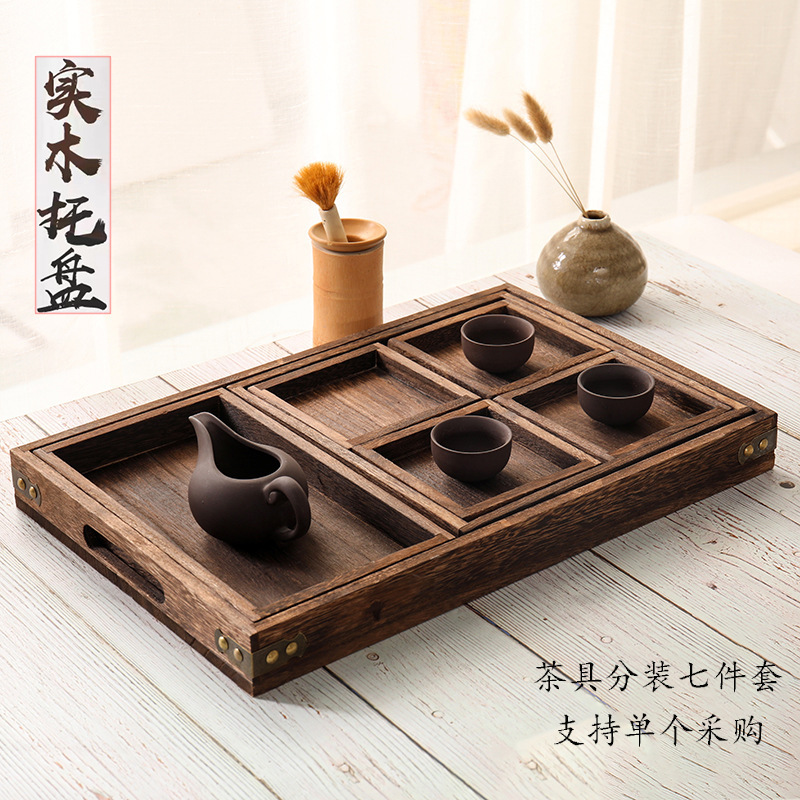 Chinese Wooden Storage Tray Household Stove Tea Dim Sum Plate Solid Wood Square Compartment Snack Fruit Dried Fruit Tray