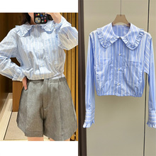 B1274~23夏季新款荷叶边长袖娃娃领蓝白条纹衬衫女0.16