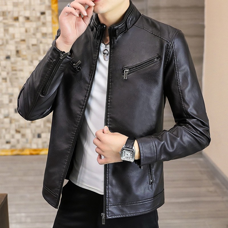 Spring and Autumn Leather Jacket Thin Stand Collar Motorcycle Handsome Trendy Leather Coat 2022 New Student Leather Men's Clothing Single