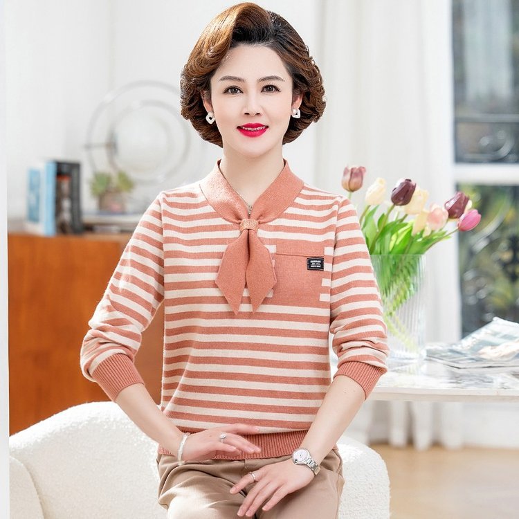 年轻妈妈秋装针织小衫洋气假两件上衣服中老年女装春秋长袖打底衫