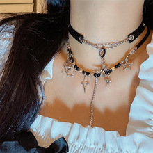 甜酷黑色芒星串珠项链 高级设计感气质锁骨链 满钻猫爪choker颈链