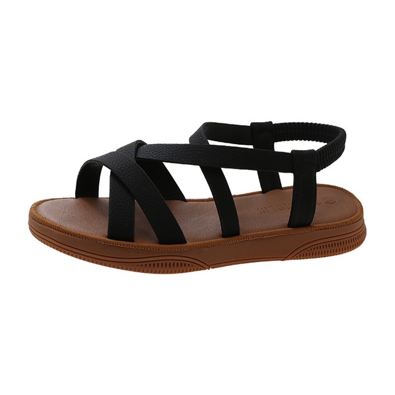 Women's Foreign Trade Sandals 2023 Summer New Roman Fashion Cross Elastic Band Flat Soft Bottom Women's Sandals