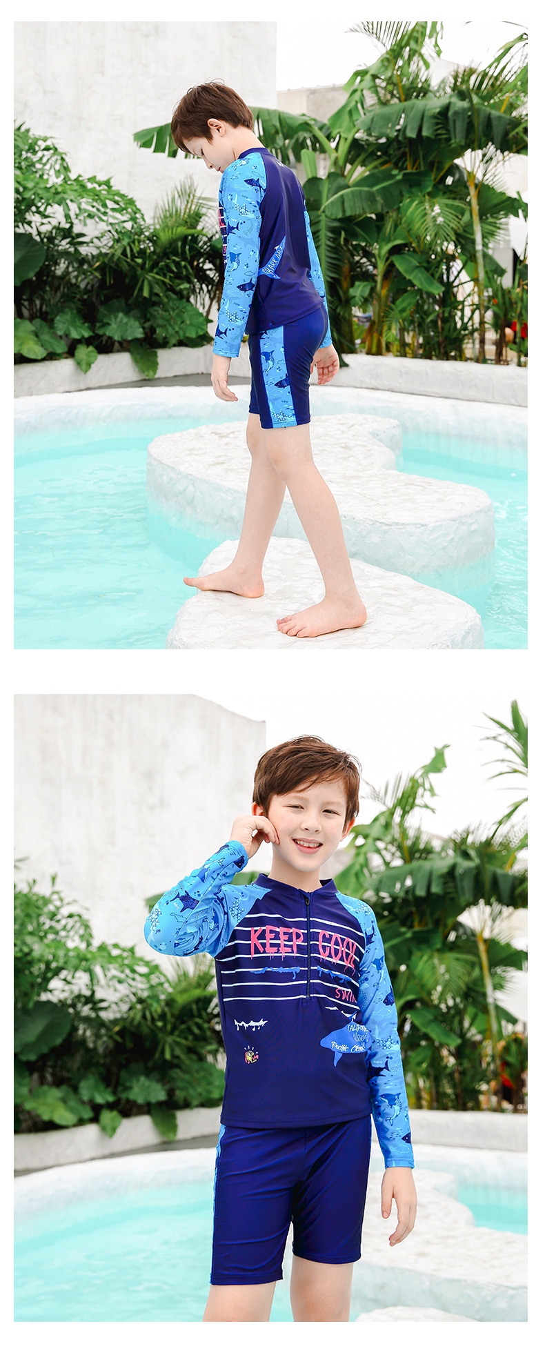 361儿童泳衣男孩防晒长袖分体时尚中大童青少年泳衣裤速干泳装