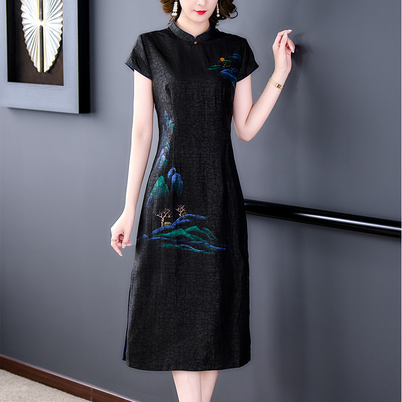 时尚复古香云纱连衣裙女2024夏新款高端桑蚕丝真丝显瘦改良旗袍款