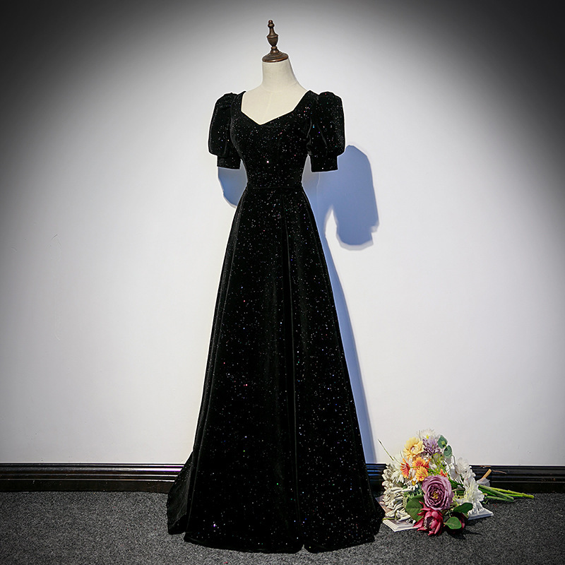 黑色毕业晚礼服宴会2024新款优雅丝绒长裙艺考主持人合唱团礼服女