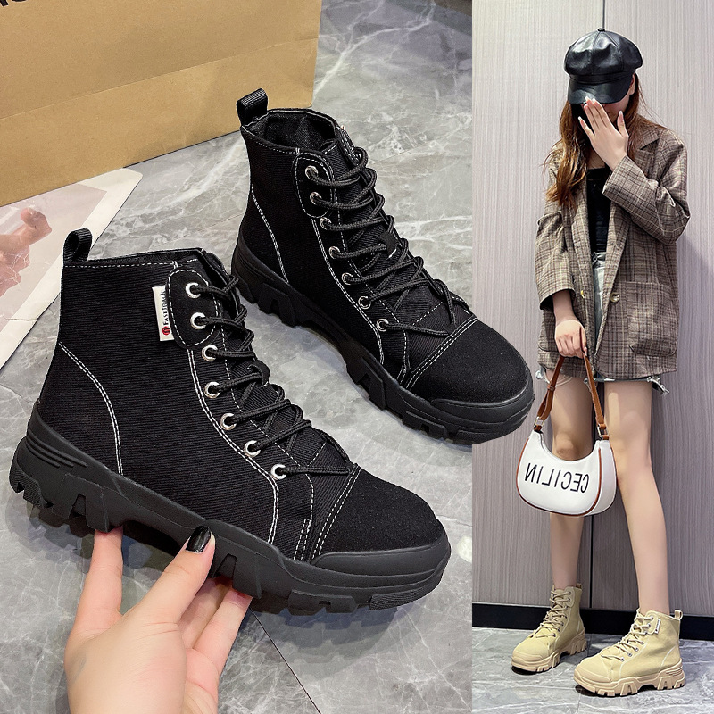 帆布马丁靴女鞋2023秋冬新款厚底百搭短靴高帮系带复古休闲鞋批发