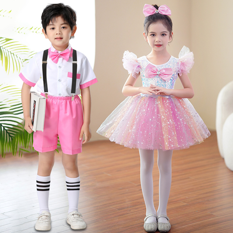 六一儿童演出服蓬蓬裙纱裙幼儿园女童公主裙蝴蝶结亮片舞蹈表演服