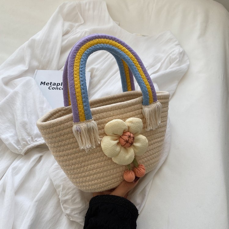 Rainbow Woven Bag 2023 New Student Handbag Women's High Sense Niche Temperament Large Capacity Cute Straw Bag