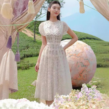 越南设计师小众刺绣蕾丝连衣裙夏季新款气质无袖白色长裙230276