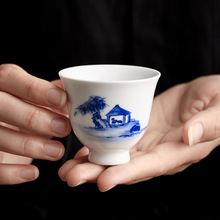 瓷都纯手绘竹林茶舍茶杯德化白瓷高端礼盒装主人杯单个功夫茶器茶
