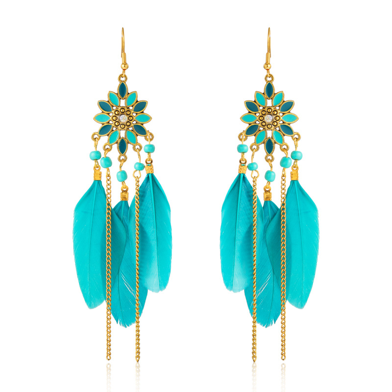 Daisy New Yunnan Feather Earrings Jewelry Long Chain Bead Earrings Ethnic Style Holiday Street Snap Earrings