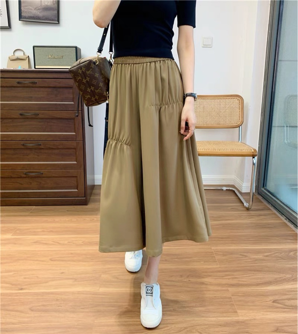 气质 kang皱垂感 薄款高腰阔腿裙裤女夏a字半身裙裙裤9分裤