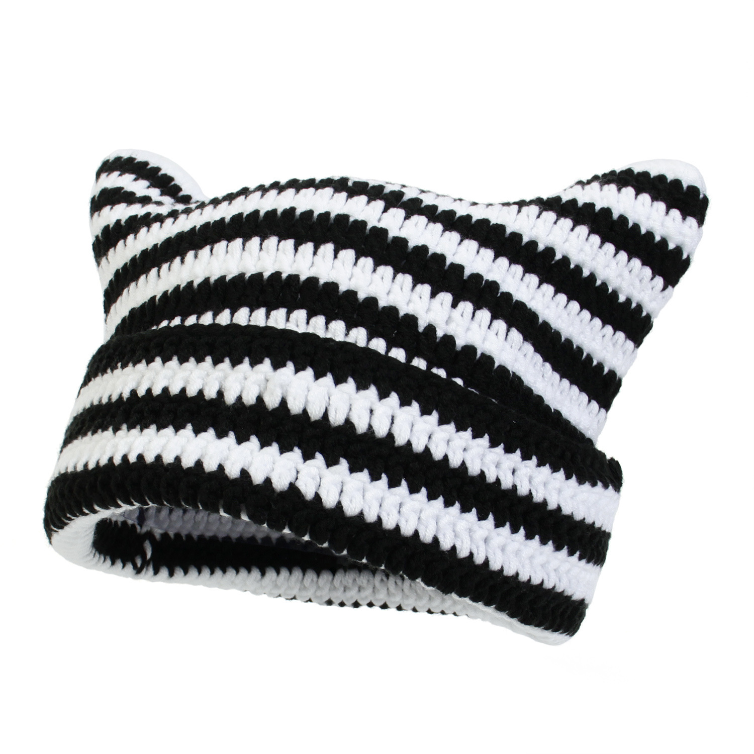 2023 New Japanese Style Little Devil Hand Crocheted Woolen Cap Striped Hat Cute Cat Ears Casual Warm Hat