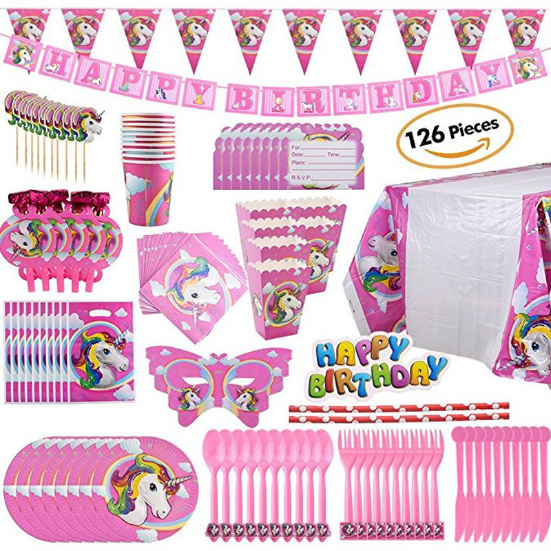 Cross-Border Cloud Unicorn Birthday Party Suit Horse Children's Birthday Disposable Paper Tray Paper Cup Package Yiwu Factory