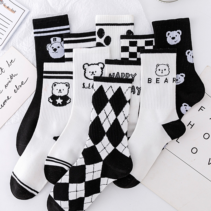 Zhuji Wholesale Cotton Socks Foreign Trade Cartoon Long Socks Spring/Summer Women's Mid-Calf Length Sock Black and White Bear Chessboard Plaid Striped Socks