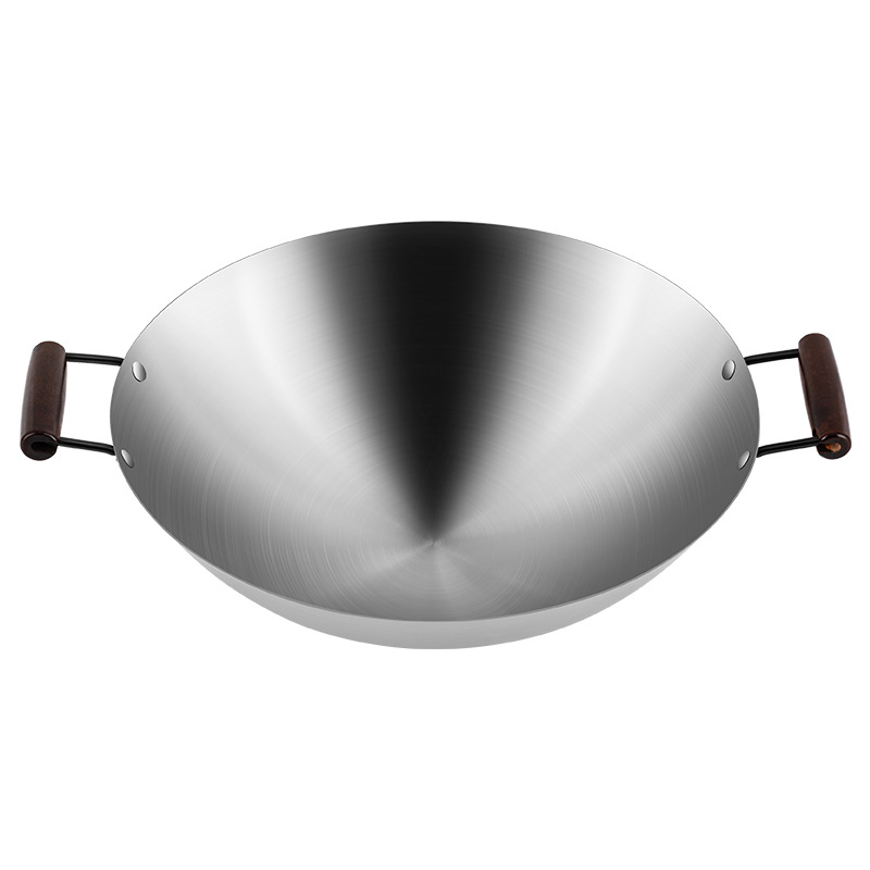 康磊炒锅炒锅煤气灶适用无涂层304不锈钢双耳锅不粘圆底炒菜锅