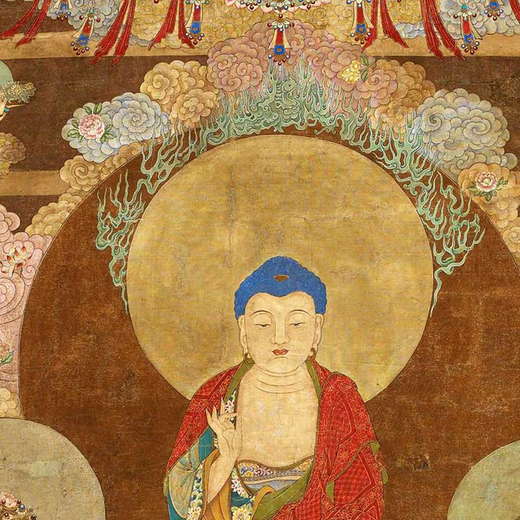 华严三圣图释迦牟尼佛如来佛祖普贤文殊菩萨人物丝绸画释迦三尊画