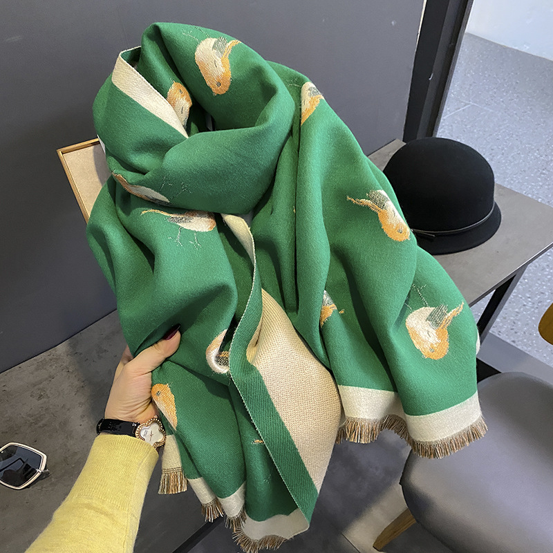 Women's Scarf Winter Emerald Green Bird Air-Conditioned Room Shawl Outer Match Thickened Thermal Long High-Grade Cashmere-like Scarf