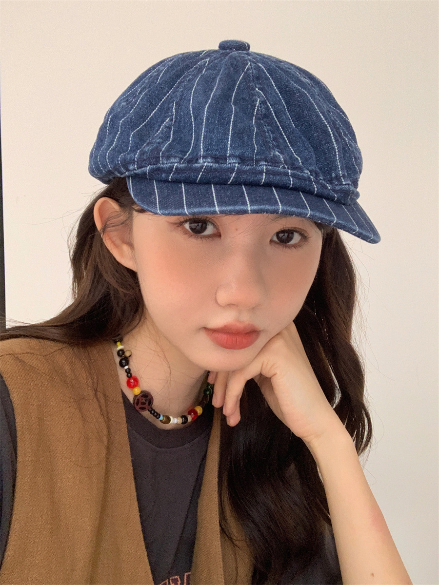 日本设计水洗条纹牛仔八角帽英伦风工装前进帽潮牌男-阿里巴巴