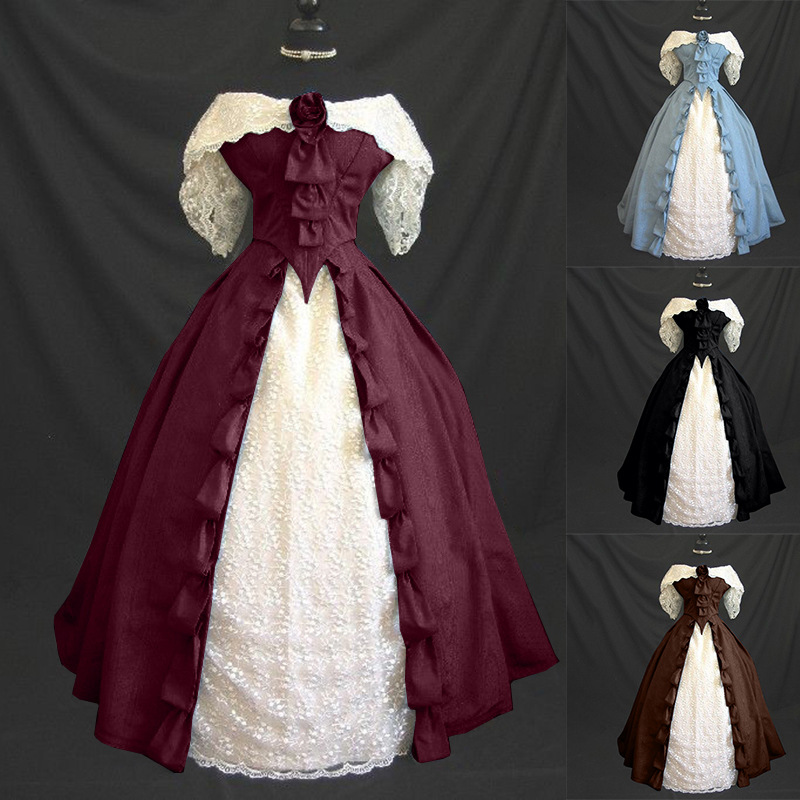 2022wish欧美中世纪复古束腰蕾丝拼接公主裙一字肩宫廷礼服长裙女