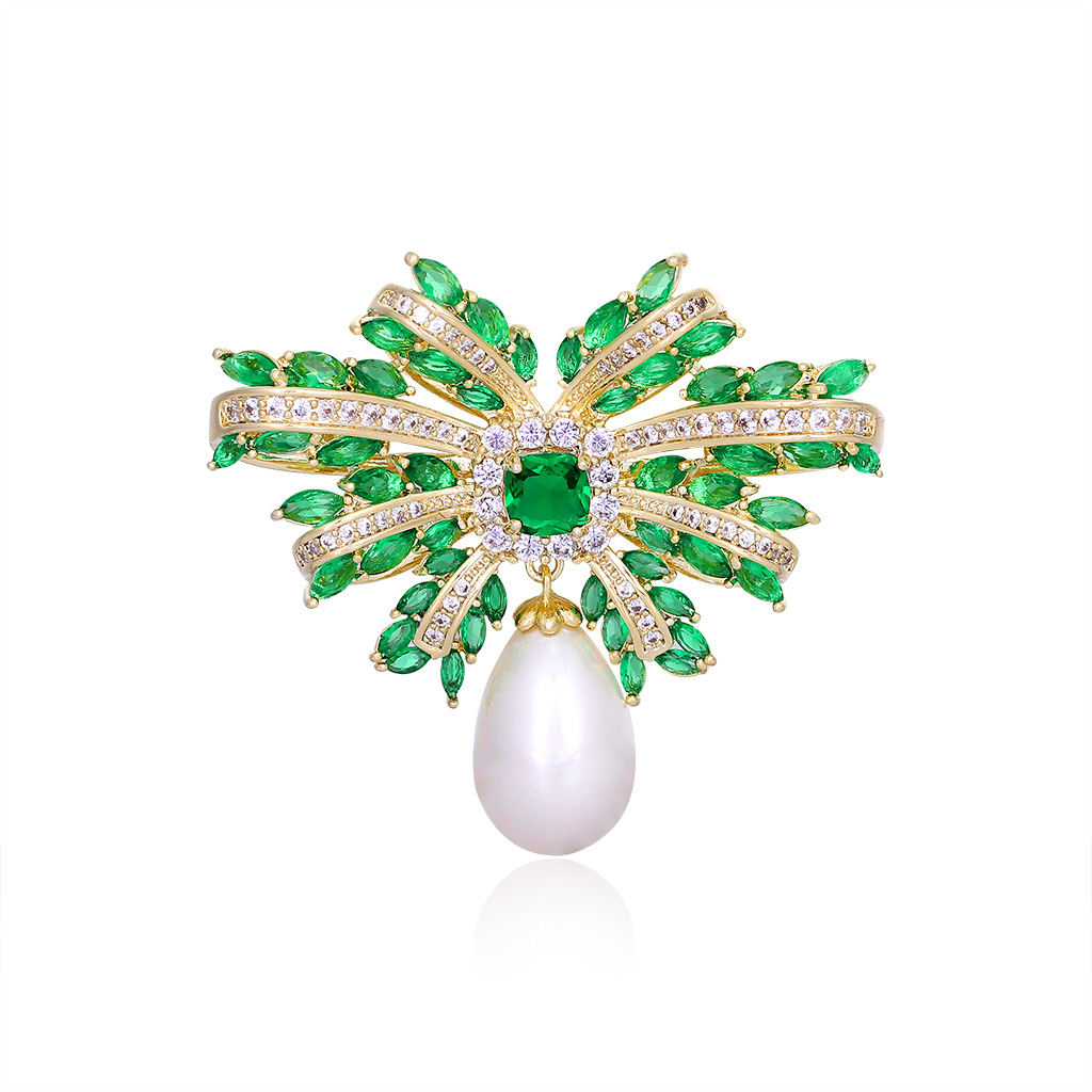 新款韩版绿宝石花卉微镶锆胸针女 高端大气珍珠吊坠西装别针 配饰