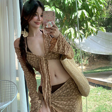 泰国泳装纯色复古小胸三件套裙款系绳比基尼Bikini分体泳衣女批发