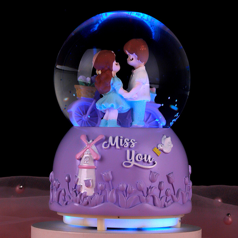 Bicycle Couple Luminous Crystal Ball Music Box Valentine's Day Gift for Girls Boys Music Box Decoration