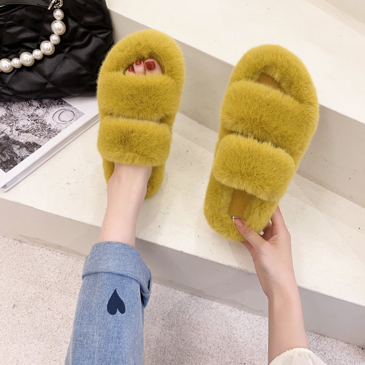 Autumn and Winter New Double Strap Fur Slipper Outdoor Fashion Casual Women's One-Word Cotton Slippers Flat Home 42 Plush Slippers
